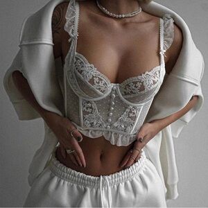 White Lace Bustier Corset Top Coquette Fairy Cottagecore Lace Trim Size M
